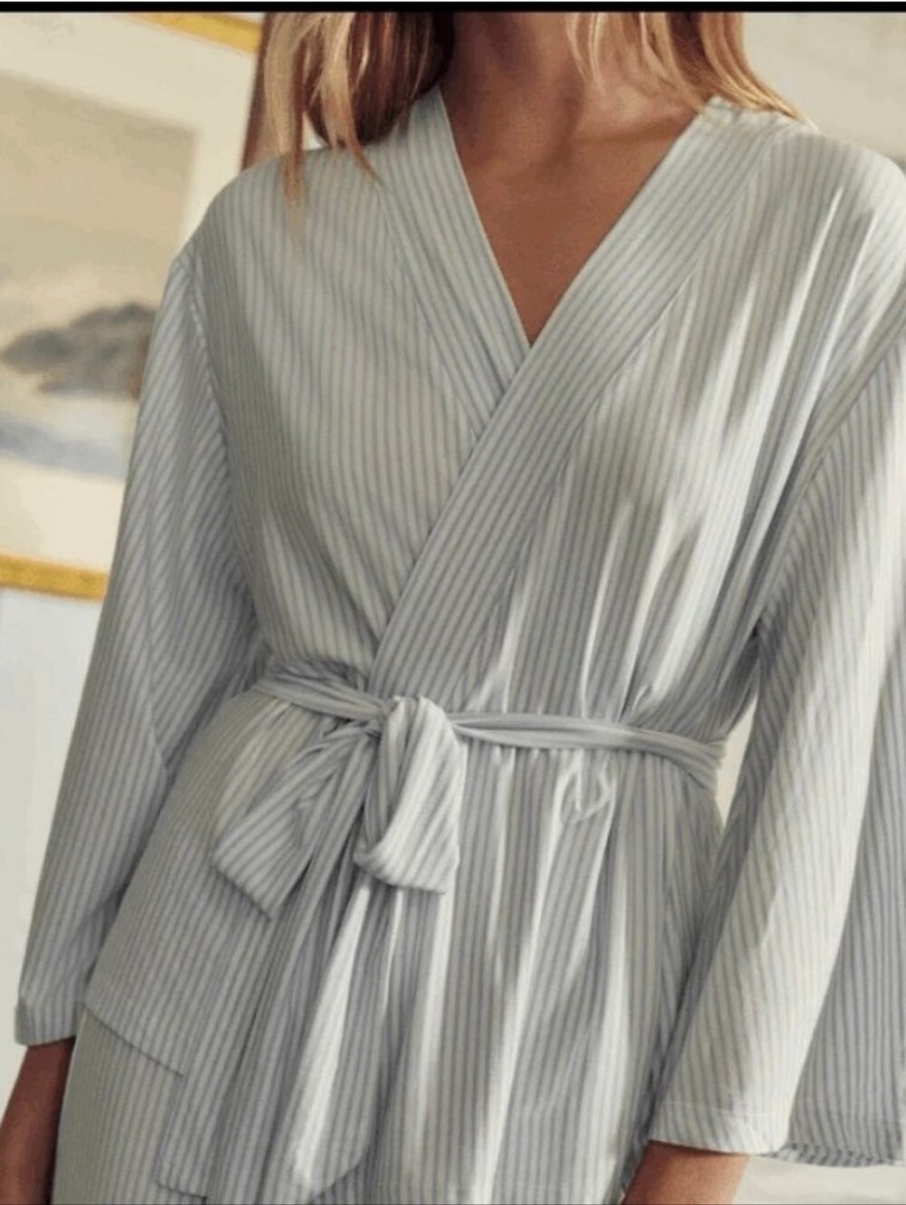 LAKE DreamModal Kimono Pajama Top Fog Blue Striped Belted Women's M